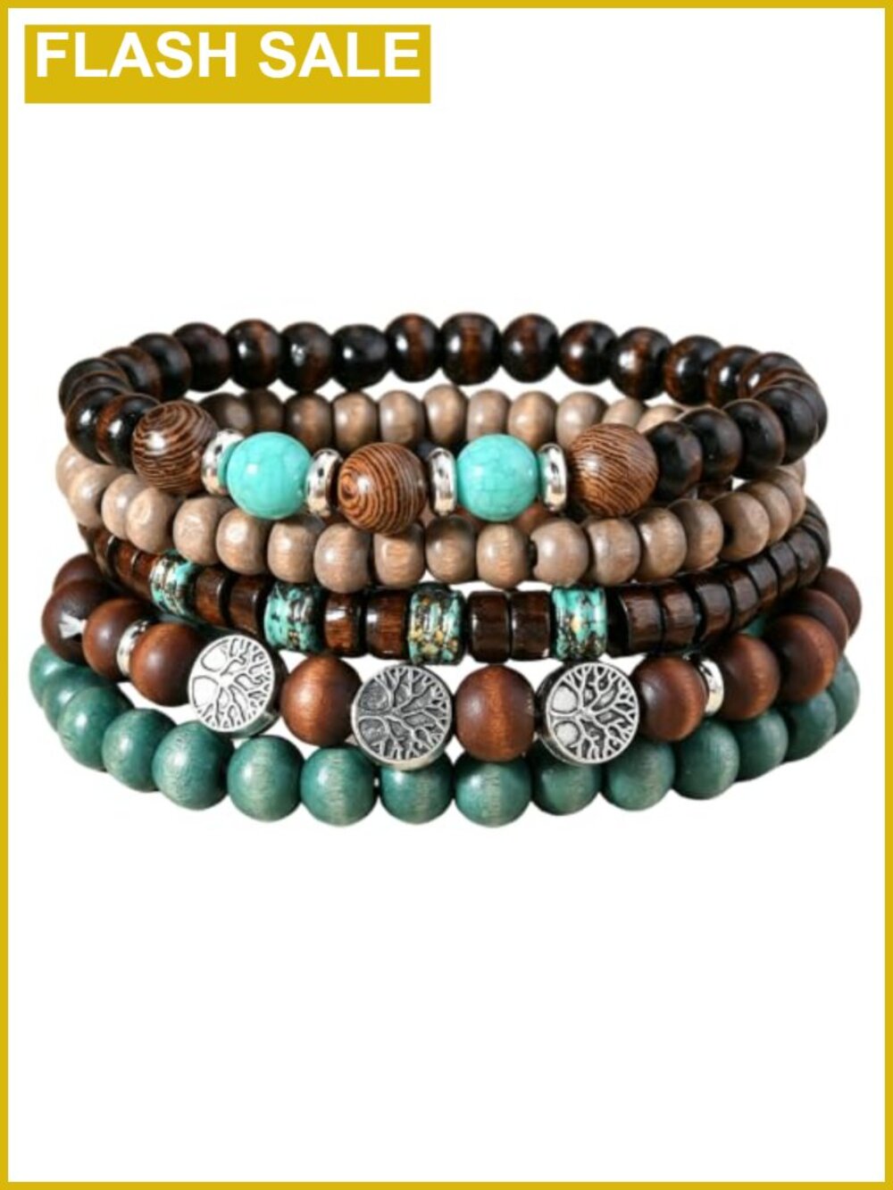 5PCS Boho Wood Bead Stretch Bracelet Set Tree of Life Stackable
